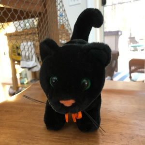 Like New Small Plush Black Cat Stuffed Animal with Bow and Curled Tail